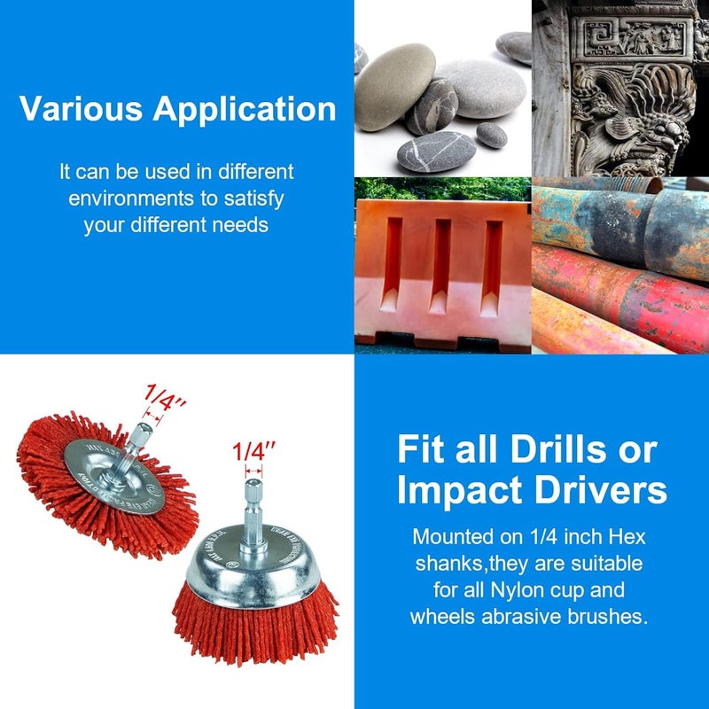 SALI 6 Pack Nylon Filament Abrasive Wire Brush Wheel & Cup Brush Set with 1/4 Inch Hex Shank, 6 Sizes Nylon Drill Brush Set for Removal of Rust Corrosion Paint - Image 4